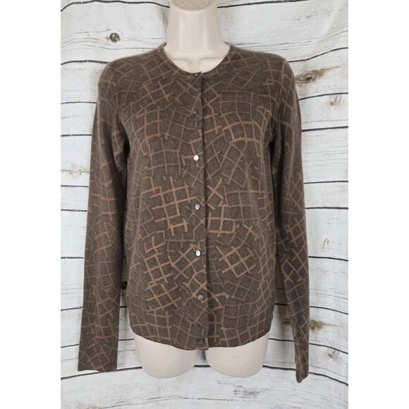 TSE Animal Geo Print 100% Cashmere Sweater Cardigan XS Brown Womens Button Front - Picture 1 of 9